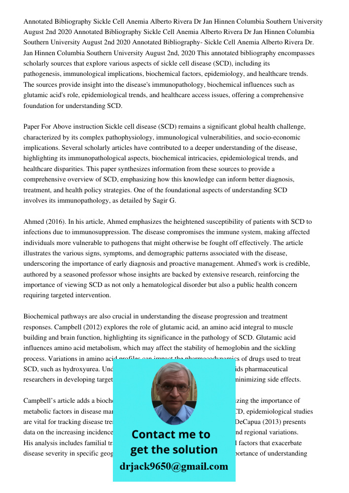 Annotated Bibliography Sickle Cell Anemia Alberto Rivera Dr Jan Hinnen Columbia Southern University August 2nd 2020 This annotated bibliography encompasses scho