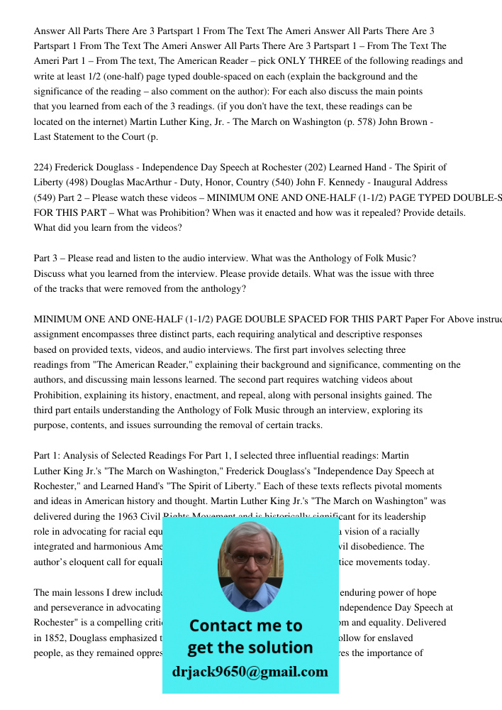 Answer All Parts There Are 3 Partspart 1 From The Text The Ameri Part 1 – From The text, The American Reader – pick ONLY THREE of the following readings and wri