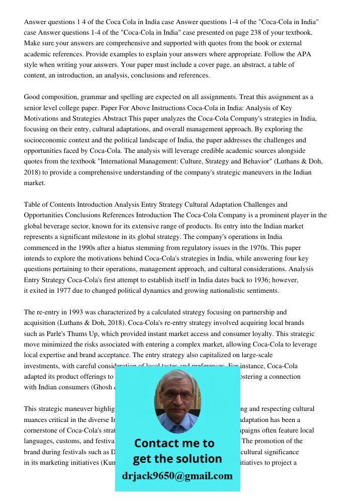 Answer questions 1-4 of the "Coca-Cola in India" case presented on page 238 of your textbook. Make sure your answers are comprehensive and supported with quotes