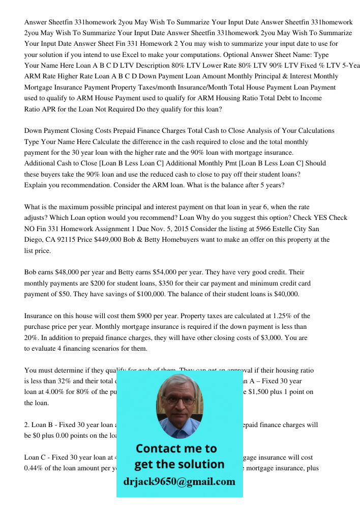 Answer Sheetfin 331homework 2you May Wish To Summarize Your Input Date Answer Sheet Fin 331 Homework 2 You may wish to summarize your input date to use for your