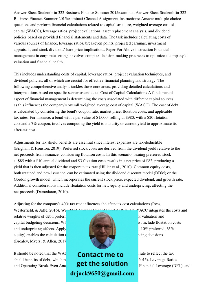 Cleaned Assignment Instructions: Answer multiple-choice questions and perform financial calculations related to capital structure, weighted average cost of capi