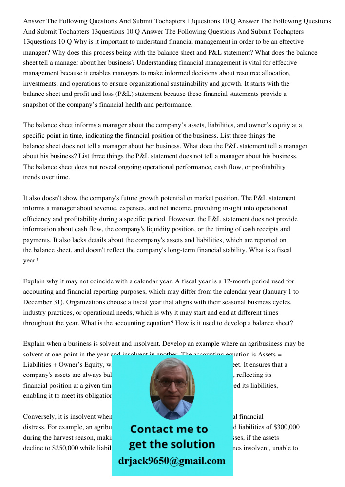 Answer The Following Questions And Submit Tochapters 13questions 10 Q Why is it important to understand financial management in order to be an effective manager