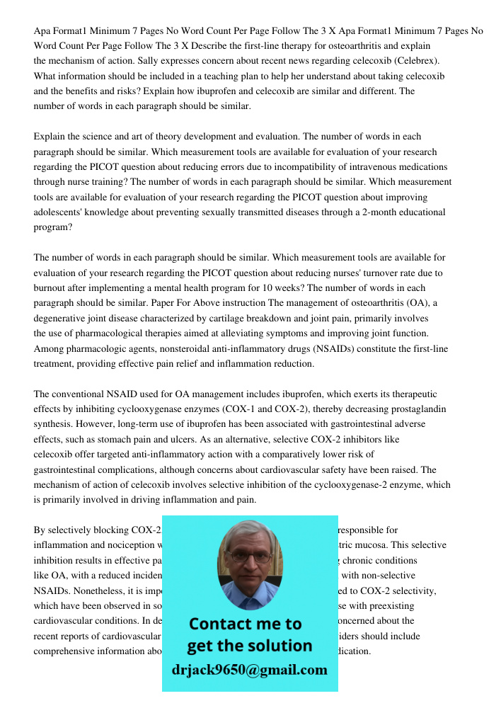 Describe the first-line therapy for osteoarthritis and explain the mechanism of action. Sally expresses concern about recent news regarding celecoxib (Celebrex)