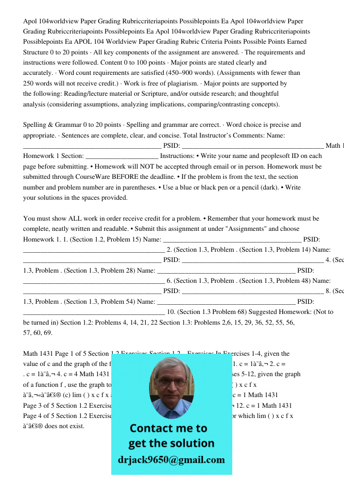 Apol 104worldview Paper Grading Rubriccriteriapoints Possiblepoints Ea APOL 104 Worldview Paper Grading Rubric Criteria Points Possible Points Earned Structure 
