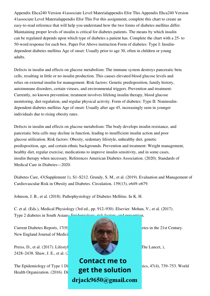 For this assignment, complete this chart to create an easy-to-read reference that will help you understand how the two forms of diabetes mellitus differ. Mainta