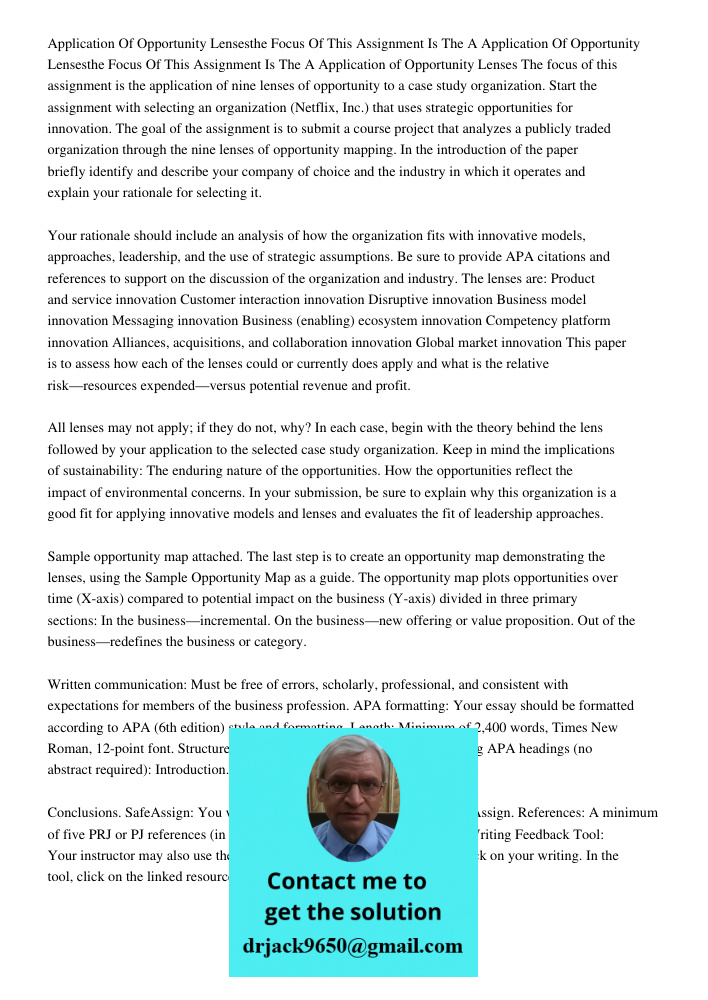 Application of Opportunity Lenses The focus of this assignment is the application of nine lenses of opportunity to a case study organization. Start the assignme