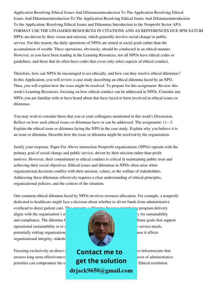 Application Resolving Ethical Issues And Dilemmasintroduction To the Application: Resolving Ethical Issues and Dilemmas Introduction to the Nonprofit Sector APA