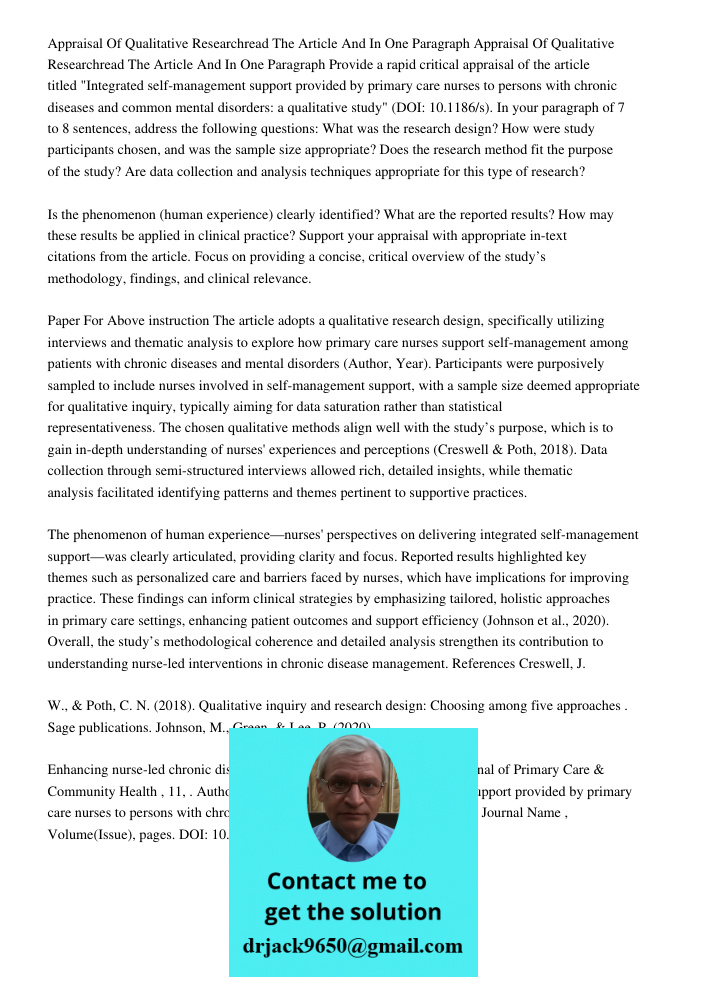 Provide a rapid critical appraisal of the article titled "Integrated self-management support provided by primary care nurses to persons with chronic diseases an