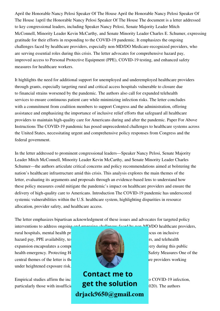 April 13 2020the Honorable Nancy Pelosi Speaker Of The House The document is a letter addressed to key congressional leaders, including Speaker Nancy Pelosi, Se