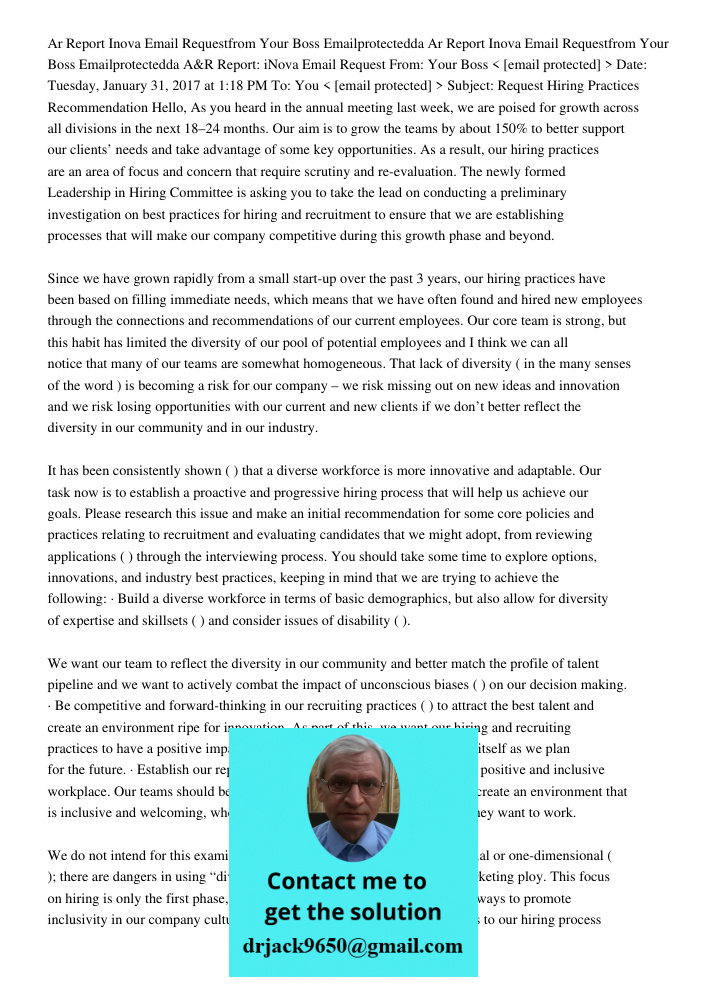 A&R Report: iNova Email Request From: Your Boss < [email protected] > Date: Tuesday, January 31, 2017 at 1:18 PM To: You < [email protected] > Subje