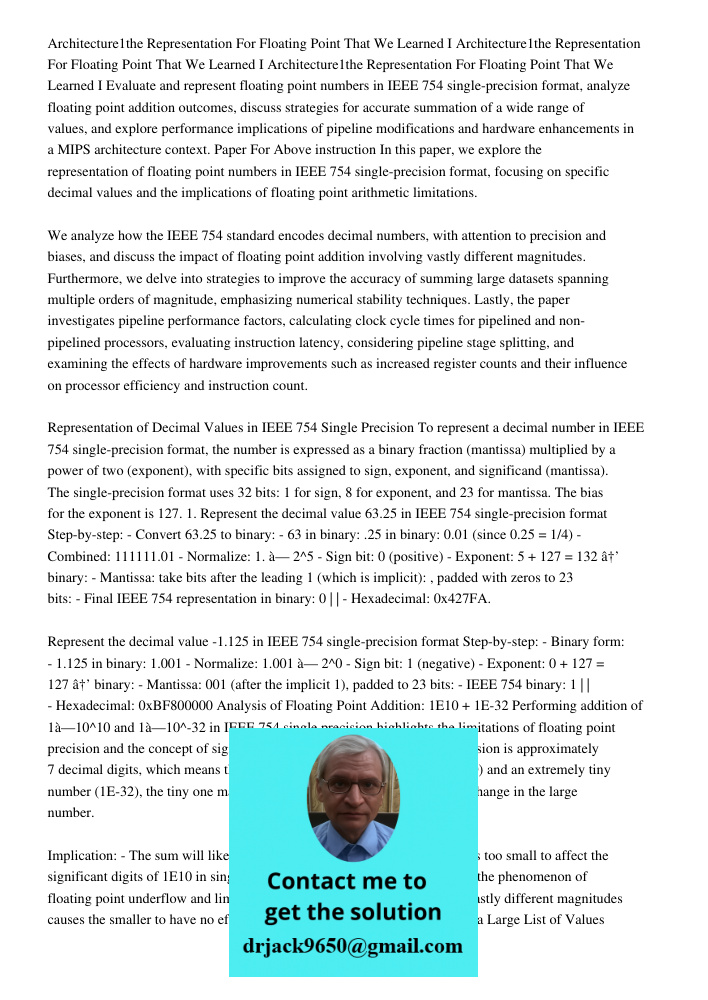 Architecture1the Representation For Floating Point That We Learned I Evaluate and represent floating point numbers in IEEE 754 single-precision format, analyze 
