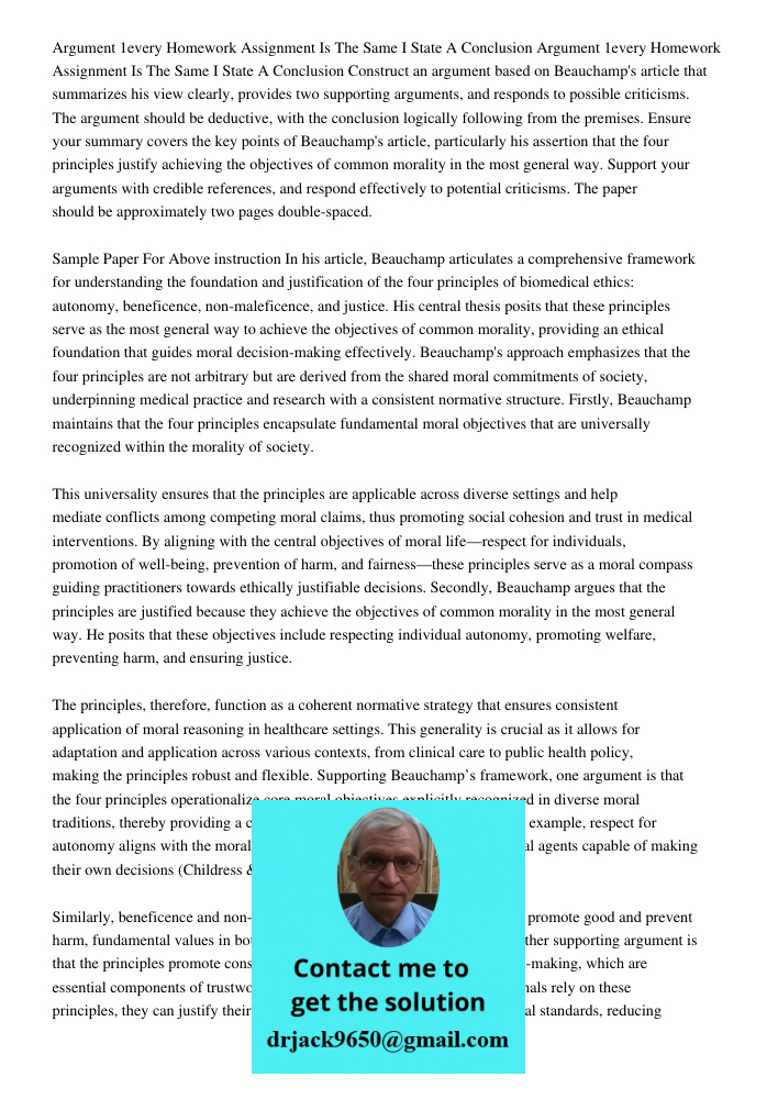 Construct an argument based on Beauchamp's article that summarizes his view clearly, provides two supporting arguments, and responds to possible criticisms. The
