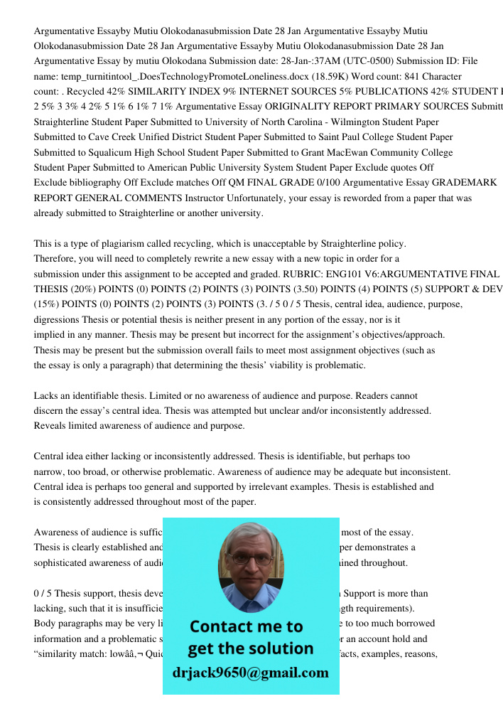 Argumentative Essayby Mutiu Olokodanasubmission Date 28 Jan 2020 02 Argumentative Essay by mutiu Olokodana Submission date: 28-Jan-:37AM (UTC-0500) Submission I