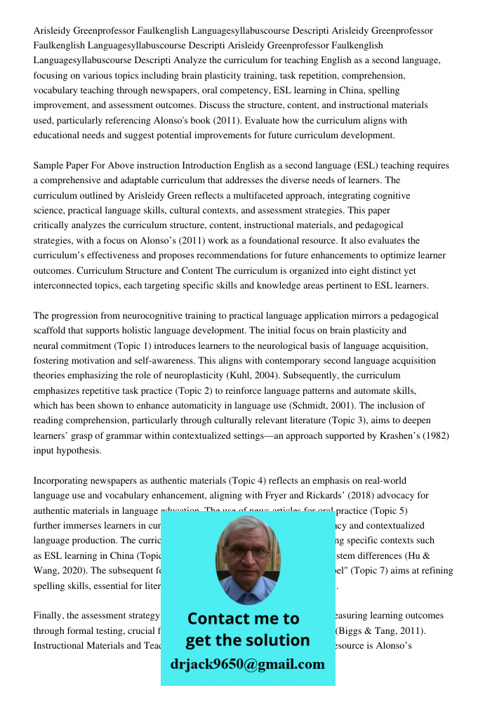 Arisleidy Greenprofessor Faulkenglish Languagesyllabuscourse Descripti Analyze the curriculum for teaching English as a second language, focusing on various top