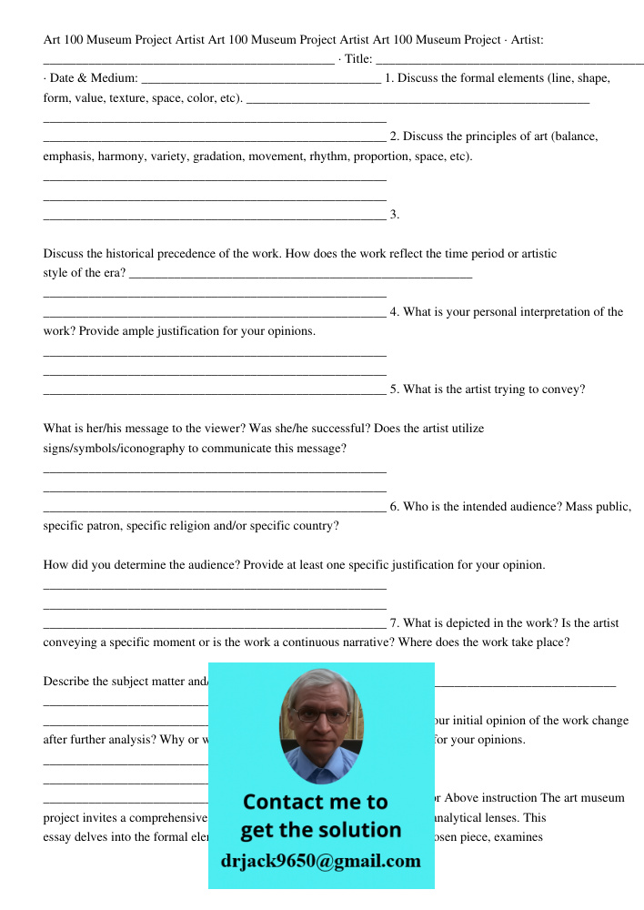 Art 100 Museum Project · Artist: _____________________________________________ · Title: _____________________________________________ · Date & Medium: _________
