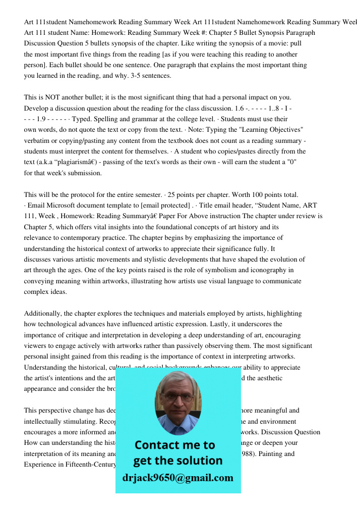 Art 111 student Name: Homework: Reading Summary Week #: Chapter 5 Bullet Synopsis Paragraph Discussion Question 5 bullets synopsis of the chapter. Like writing 