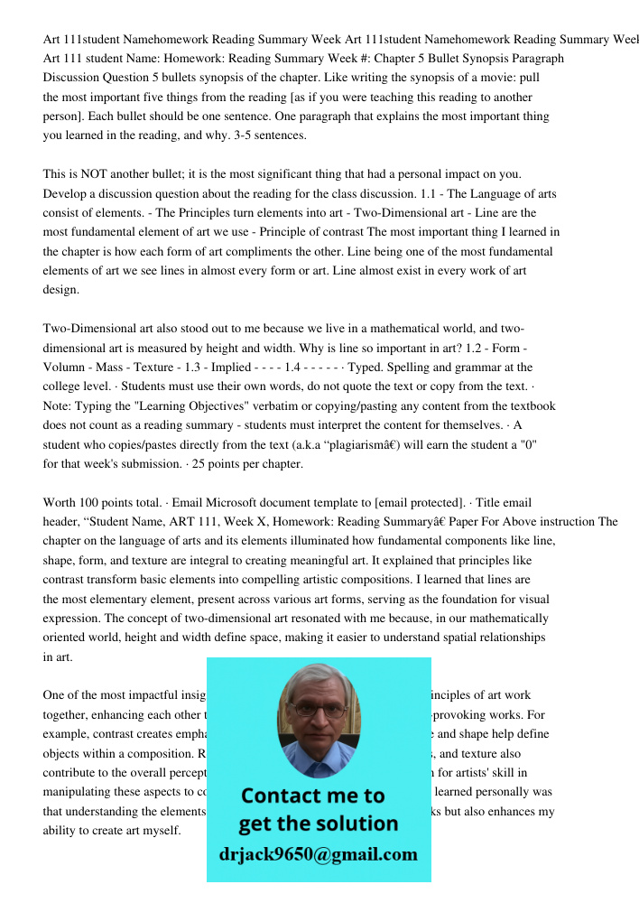 Art 111 student Name: Homework: Reading Summary Week #: Chapter 5 Bullet Synopsis Paragraph Discussion Question 5 bullets synopsis of the chapter. Like writing 