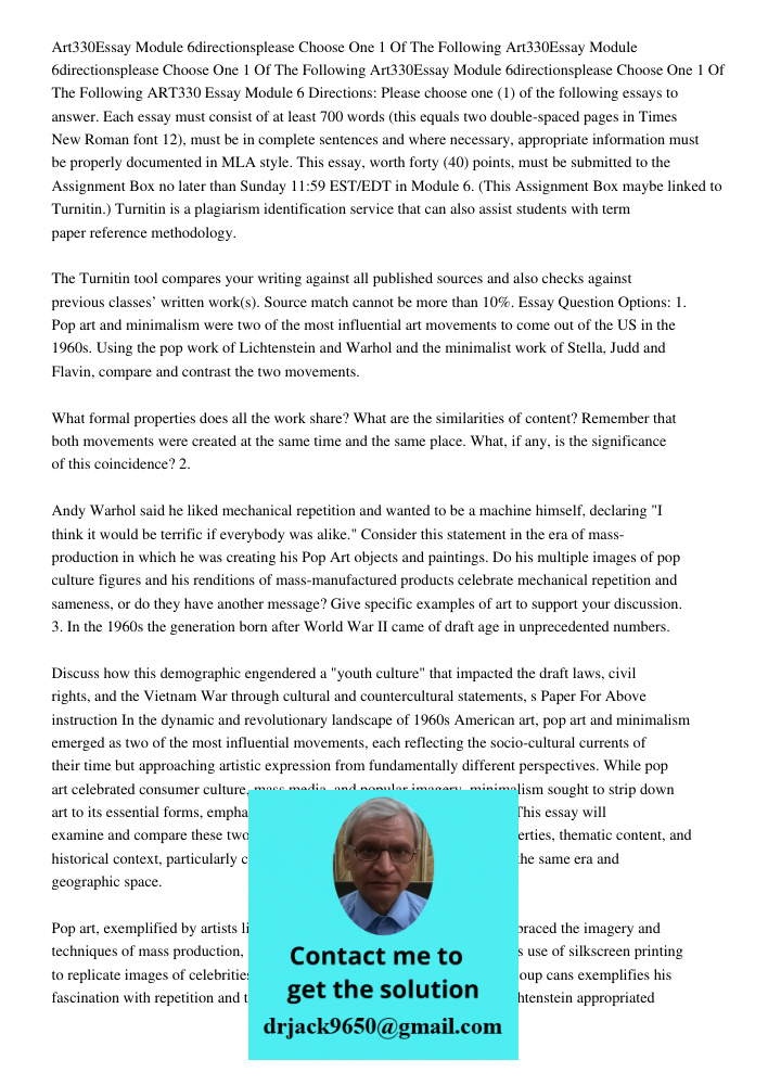 Art330Essay Module 6directionsplease Choose One 1 Of The Following ART330 Essay Module 6 Directions: Please choose one (1) of the following essays to answer. Ea