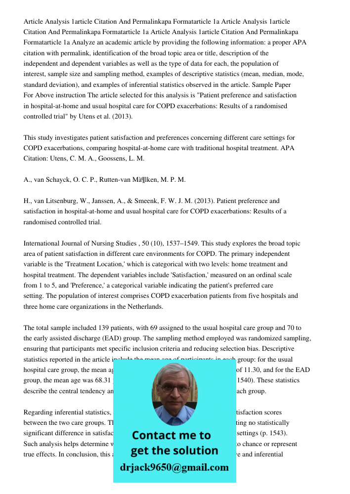 Article Analysis 1article Citation And Permalinkapa Formatarticle 1a Analyze an academic article by providing the following information: a proper APA citation w