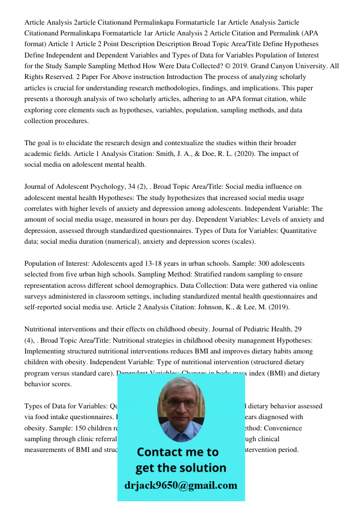 Article Analysis 2 Article Citation and Permalink (APA format) Article 1 Article 2 Point Description Description Broad Topic Area/Title Define Hypotheses Define