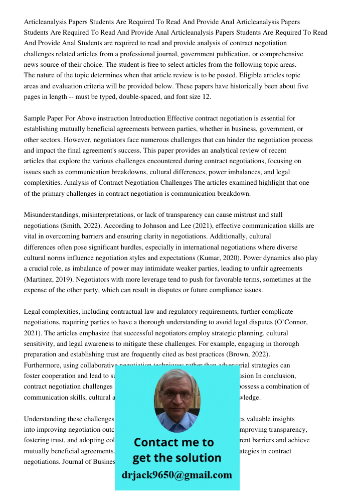 Articleanalysis Papers Students Are Required To Read And Provide Anal Students are required to read and provide analysis of contract negotiation challenges rela