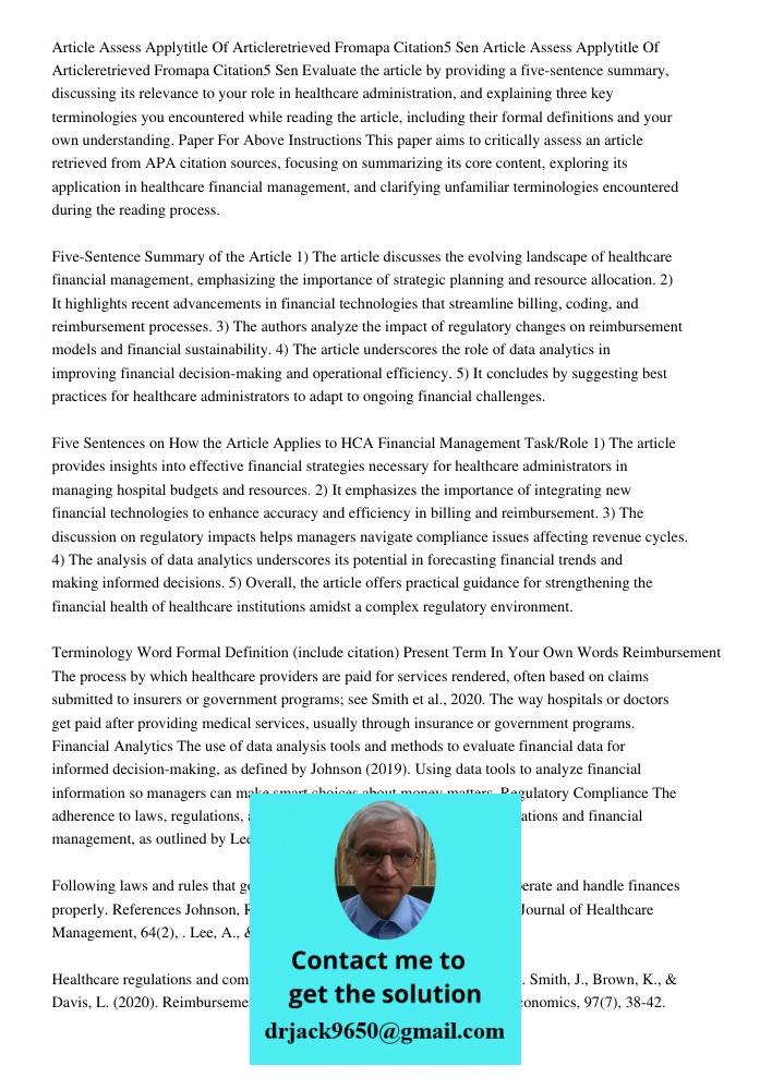 Evaluate the article by providing a five-sentence summary, discussing its relevance to your role in healthcare administration, and explaining three key terminol
