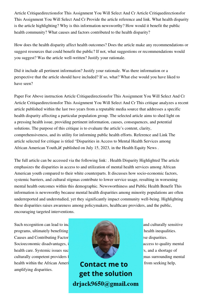 Provide the article reference and link. What health disparity is the article highlighting? Why is this information newsworthy? How would it benefit the public h