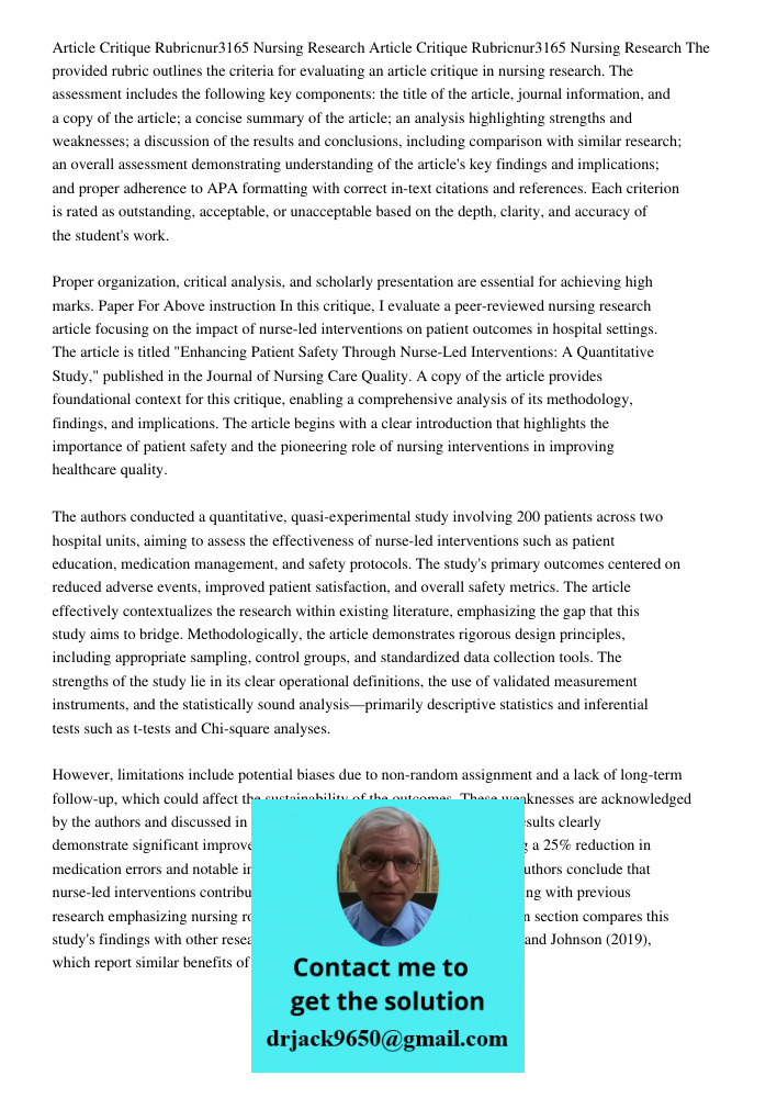 The provided rubric outlines the criteria for evaluating an article critique in nursing research. The assessment includes the following key components: the titl