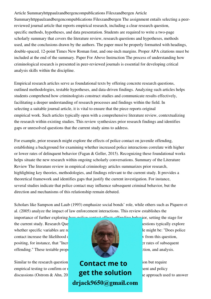 The assignment entails selecting a peer-reviewed journal article that reports empirical research, including a clear research question, specific methods, hypothe