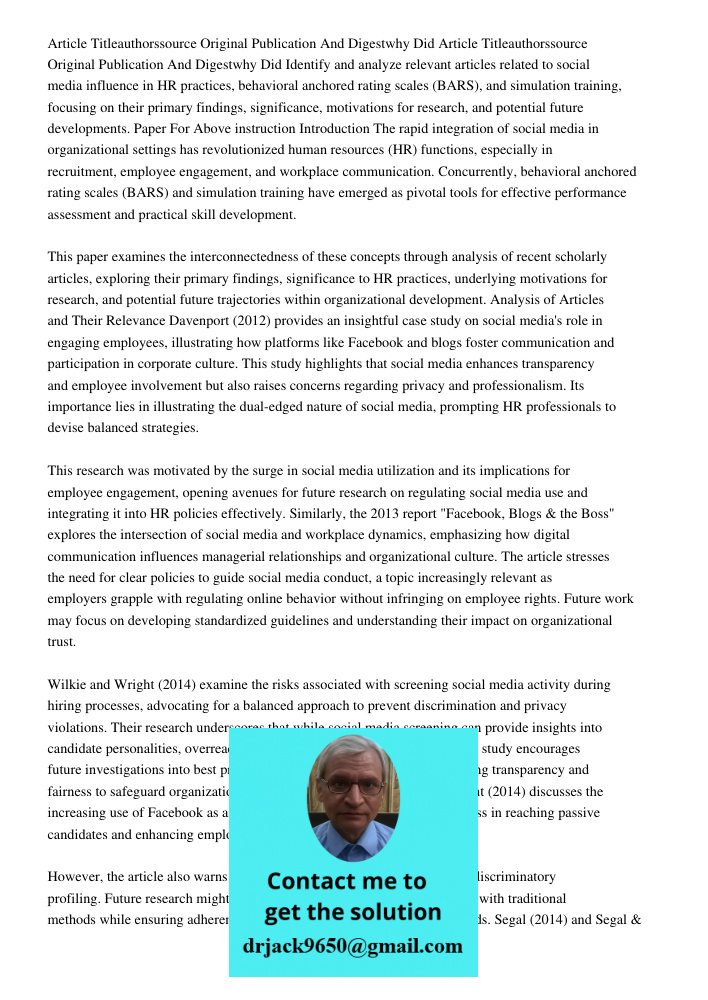 Identify and analyze relevant articles related to social media influence in HR practices, behavioral anchored rating scales (BARS), and simulation training, foc