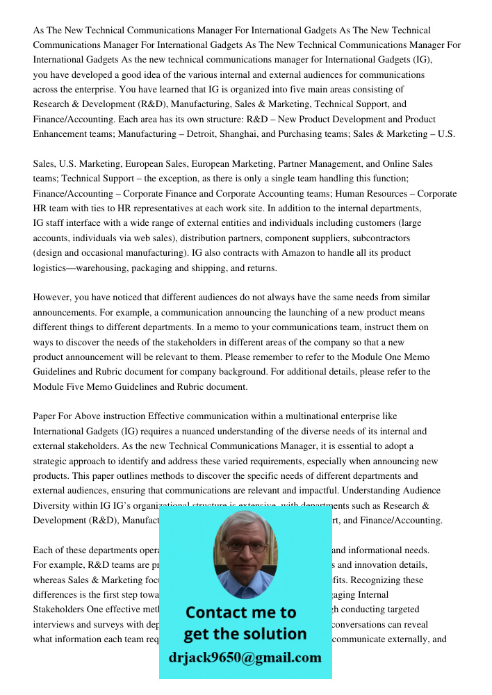 As The New Technical Communications Manager For International Gadgets As the new technical communications manager for International Gadgets (IG), you have devel