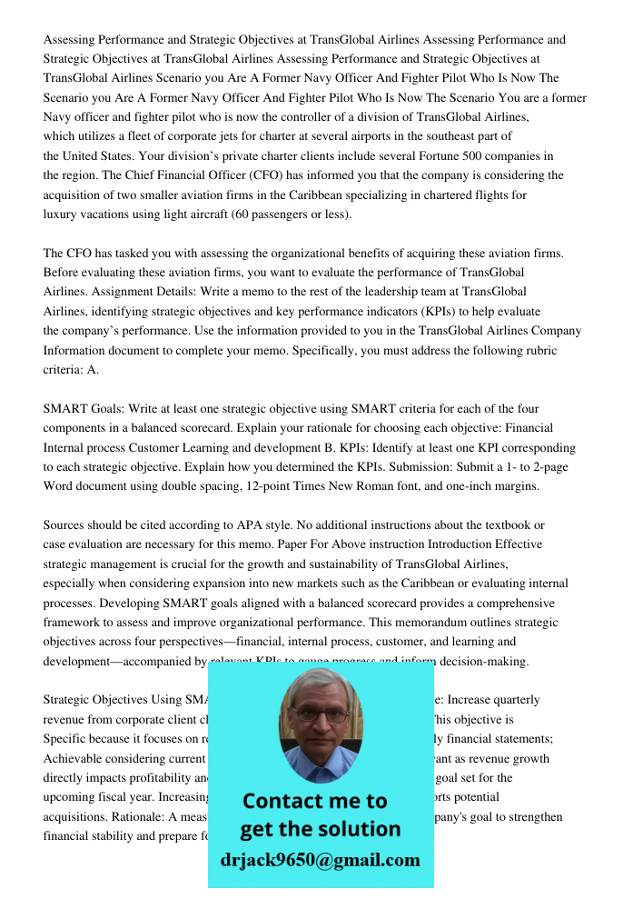 Assessing Performance and Strategic Objectives at TransGlobal Airlines Scenario you Are A Former Navy Officer And Fighter Pilot Who Is Now The Scenario you Are 