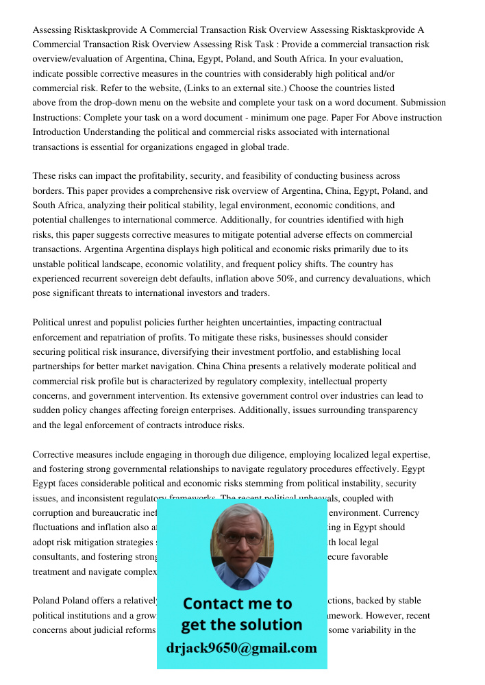 Assessing Risk Task : Provide a commercial transaction risk overview/evaluation of Argentina, China, Egypt, Poland, and South Africa. In your evaluation, indica