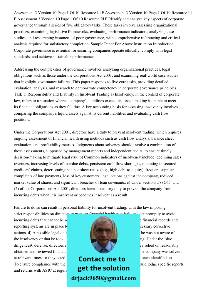 Assessment 3 Version 10 Page 1 Of 10 Resource Id F Identify and analyze key aspects of corporate governance through a series of five obligatory tasks. These tas