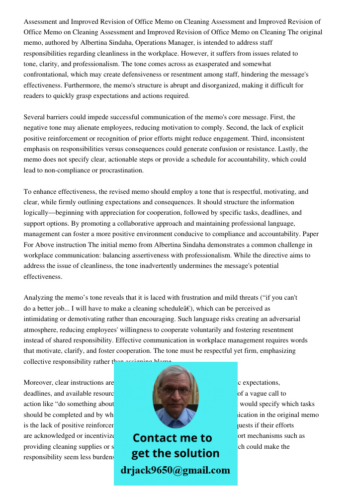 Assessment and Improved Revision of Office Memo on Cleaning The original memo, authored by Albertina Sindaha, Operations Manager, is intended to address staff r