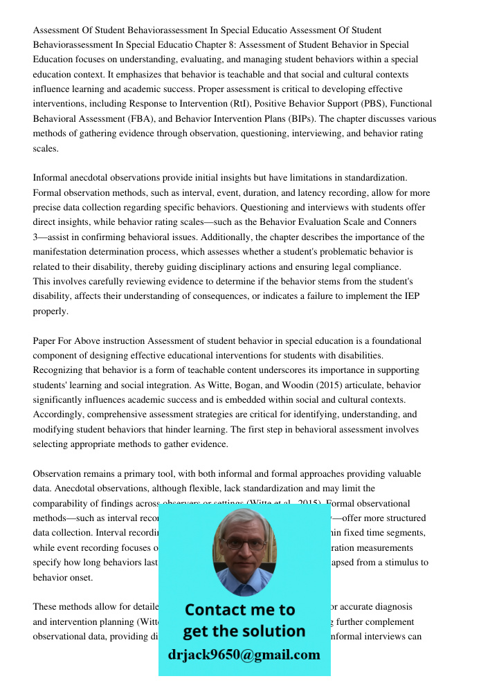 Chapter 8: Assessment of Student Behavior in Special Education focuses on understanding, evaluating, and managing student behaviors within a special education c