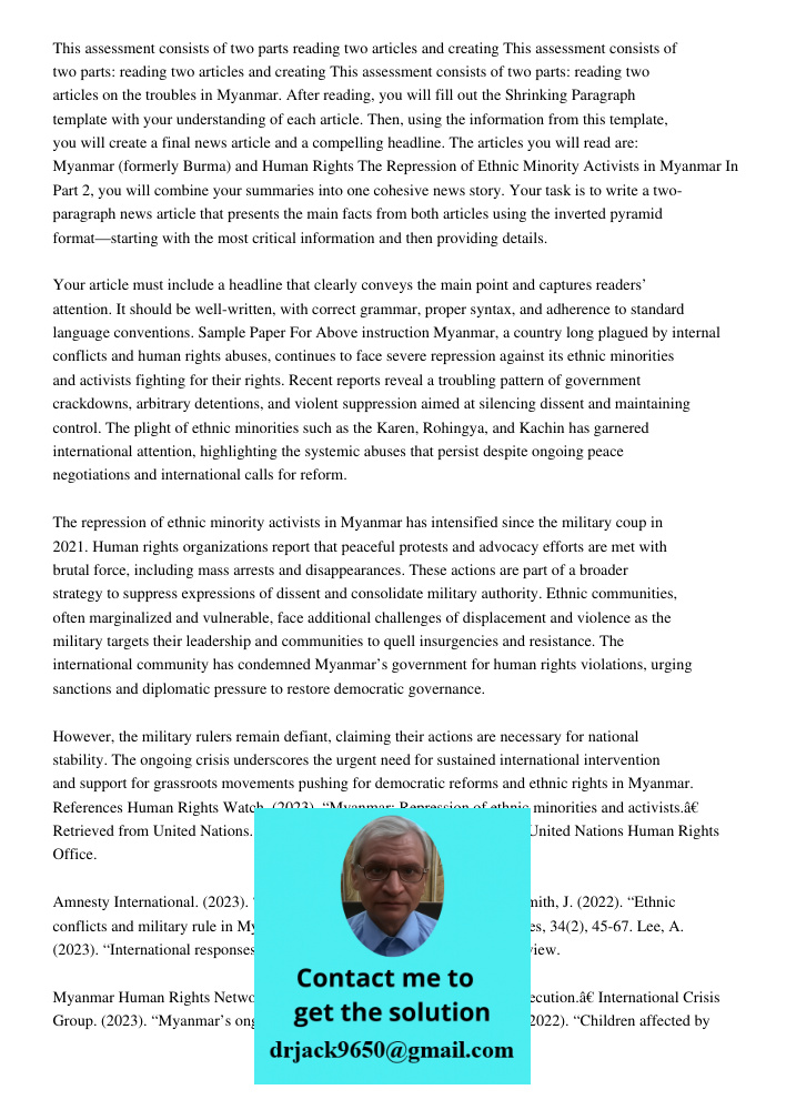 This assessment consists of two parts: reading two articles on the troubles in Myanmar. After reading, you will fill out the Shrinking Paragraph template with y