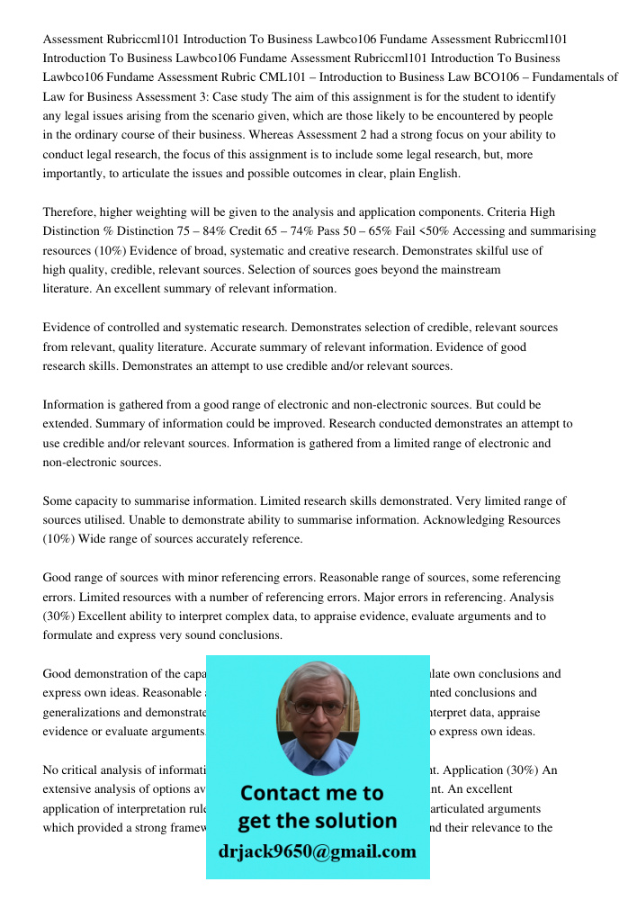 Assessment Rubriccml101 Introduction To Business Lawbco106 Fundame Assessment Rubric CML101 – Introduction to Business Law BCO106 – Fundamentals of Law for Busi