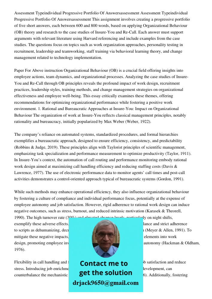 This assignment involves creating a progressive portfolio of five short answers, each between 600 and 800 words, based on applying Organizational Behaviour (OB)