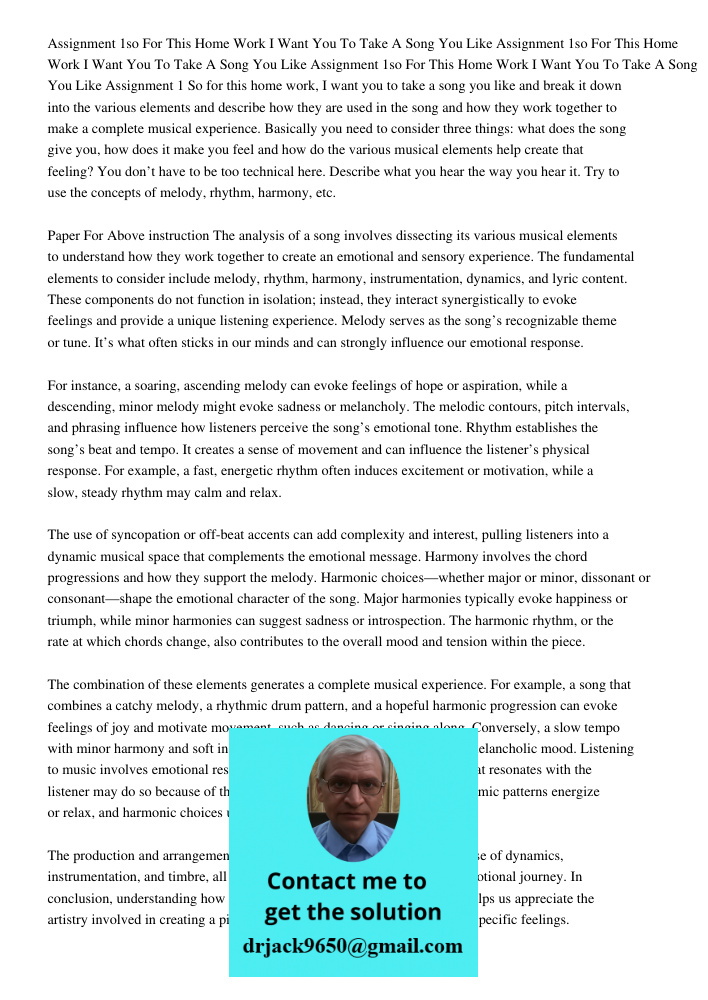 Assignment 1so For This Home Work I Want You To Take A Song You Like Assignment 1 So for this home work, I want you to take a song you like and break it down in