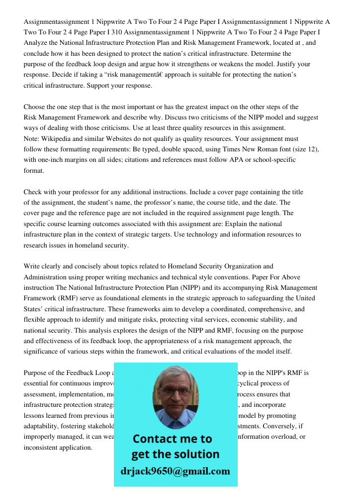 Assignmentassignment 1 Nippwrite A Two To Four 2 4 Page Paper I Analyze the National Infrastructure Protection Plan and Risk Management Framework, located at , 