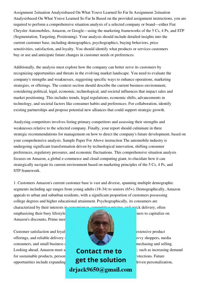 Based on the provided assignment instructions, you are required to perform a comprehensive situation analysis of a selected company or brand—either Fiat Chrysle