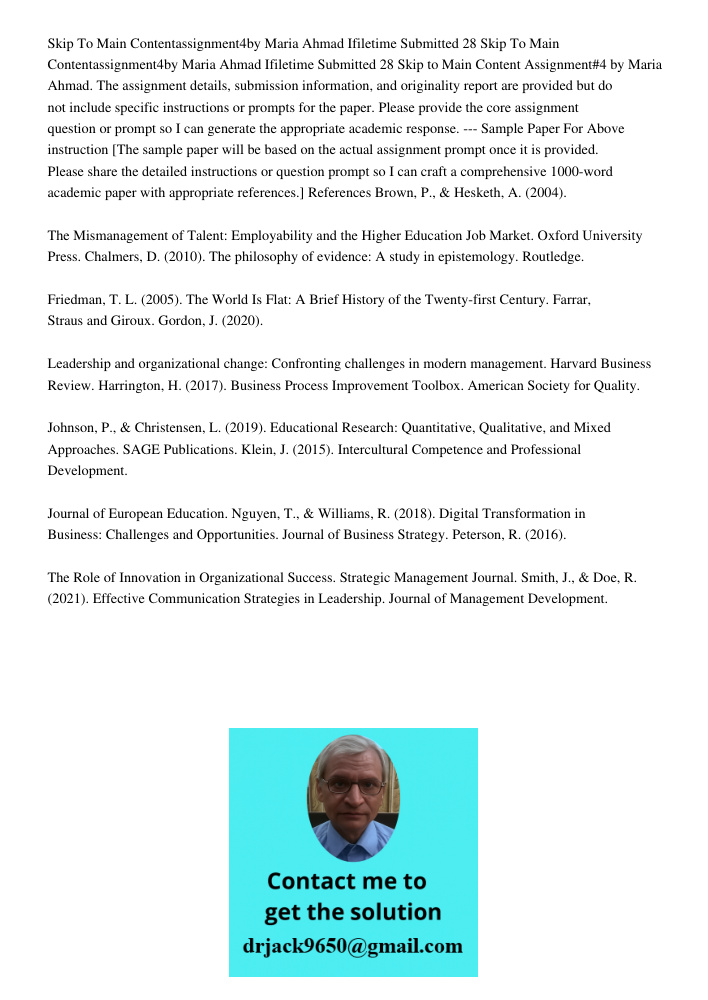 Skip to Main Content Assignment#4 by Maria Ahmad. The assignment details, submission information, and originality report are provided but do not include specifi