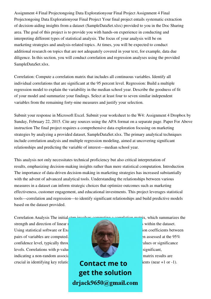 Your final project entails systematic extraction of decision-aiding insights from a dataset (SampleDataSet.xlsx) provided to you in the Doc Sharing area. The go