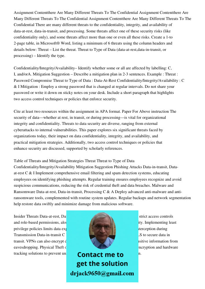 Assignment Contentthere Are Many Different Threats To The Confidential There are many different threats to the confidentiality, integrity, and availability of d