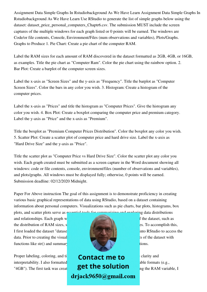 Use RStudio to generate the list of simple graphs below using the dataset: dataset_price_personal_computers_Chaptr6.csv. The submission MUST include the screen 