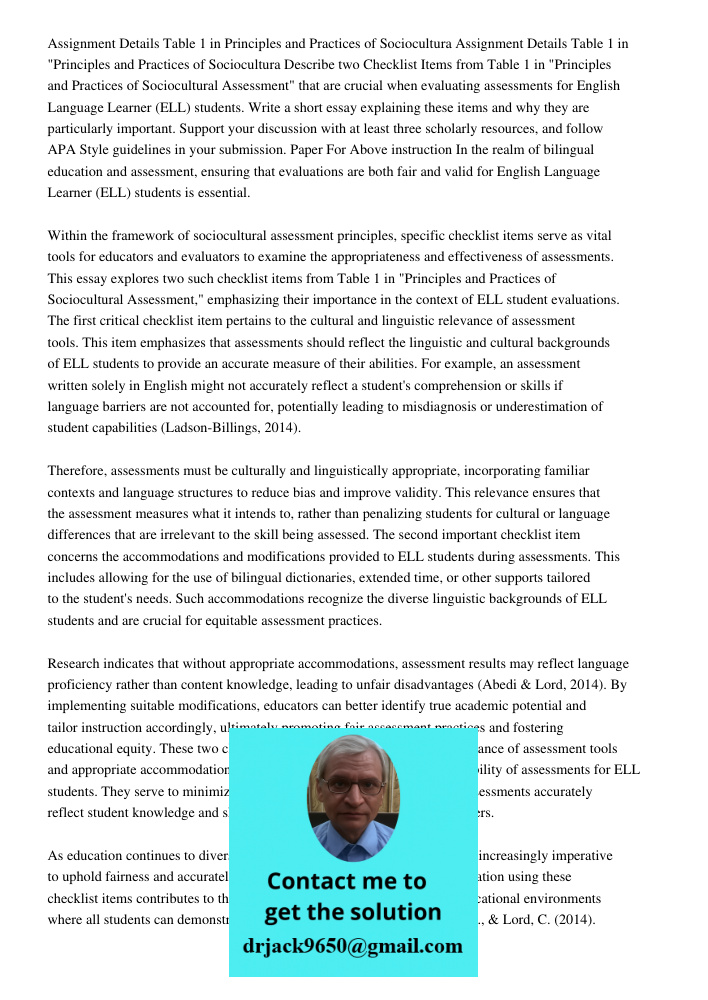 Describe two Checklist Items from Table 1 in "Principles and Practices of Sociocultural Assessment" that are crucial when evaluating assessments for English Lan