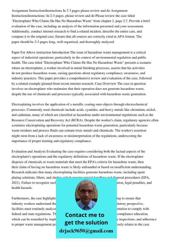 Please review the case titled "Electroplater Who Claims He Has No Hazardous Waste" from chapter 2, page 2.7. Provide a brief evaluation of the case, including a