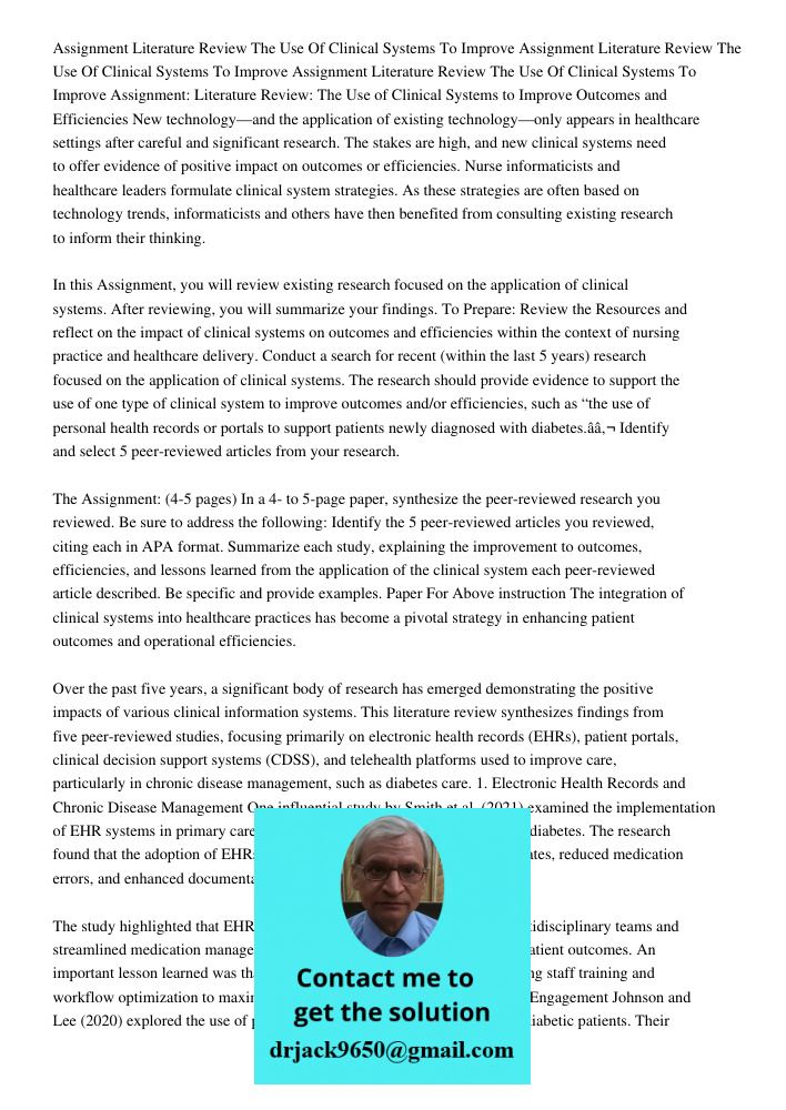 Assignment Literature Review The Use Of Clinical Systems To Improve Assignment: Literature Review: The Use of Clinical Systems to Improve Outcomes and Efficienc