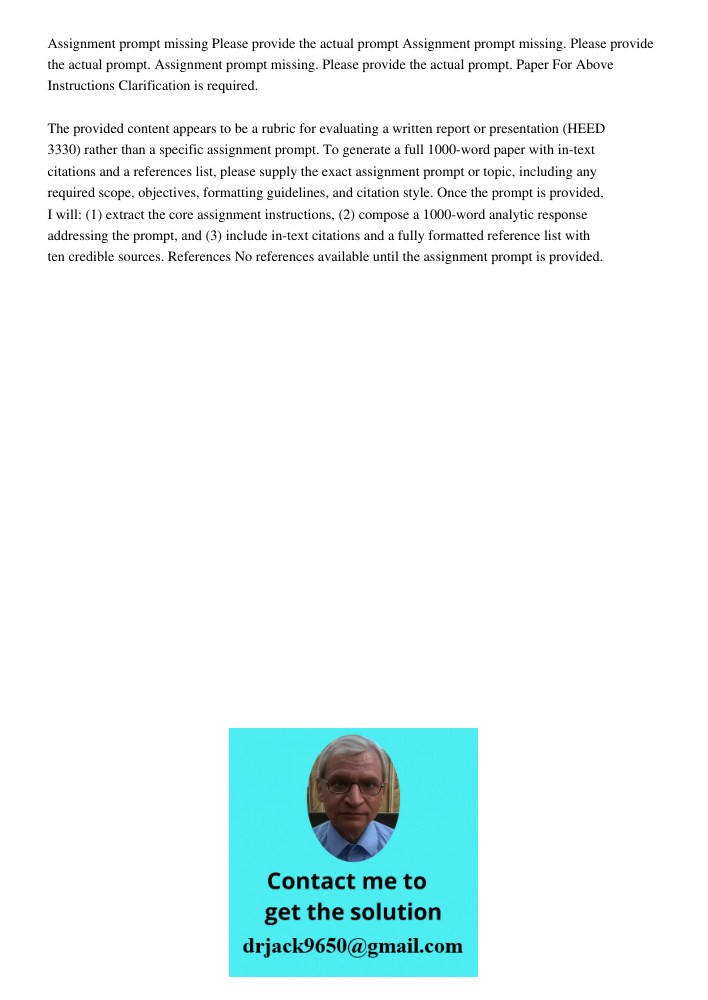 Assignment prompt missing. Please provide the actual prompt. Paper For Above Instructions Clarification is required. The provided content appears to be a rubric